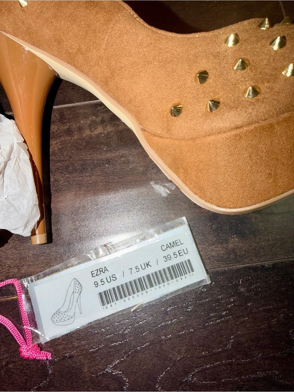 Shoe Dazzle Ezra Camel Faux Suede Platform Pumps with Gold Studs